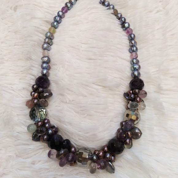 Genuine Pearl Amethyst Crystal Gemstone Necklace - Picture 2 of 10